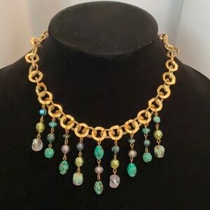 Hammered Gold Tone Links Blue Purple Green Bead Choker Necklace